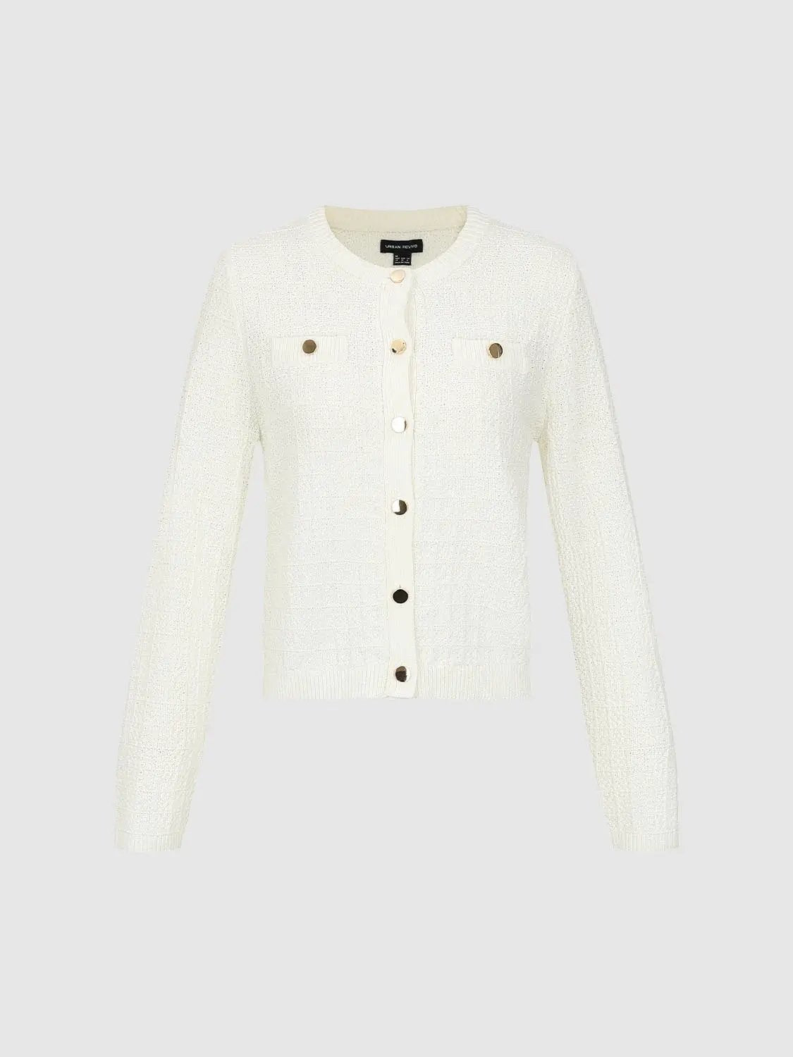 Urban Revivo white knitted cardigan with gold front buttons and pocket details