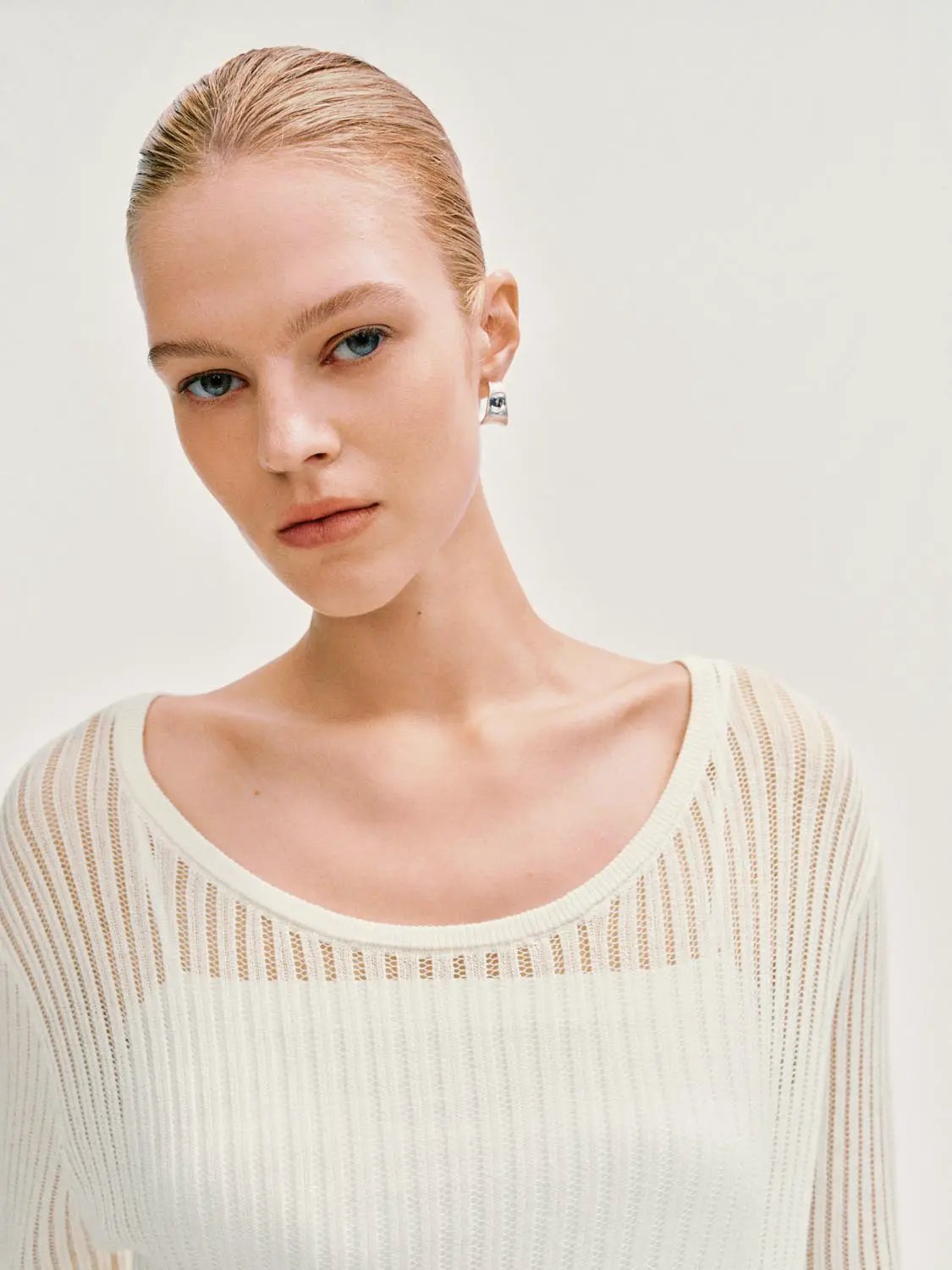 Knit T-Shirt by Urban Revivo Fashion in ivory knit with sheer striped pattern.