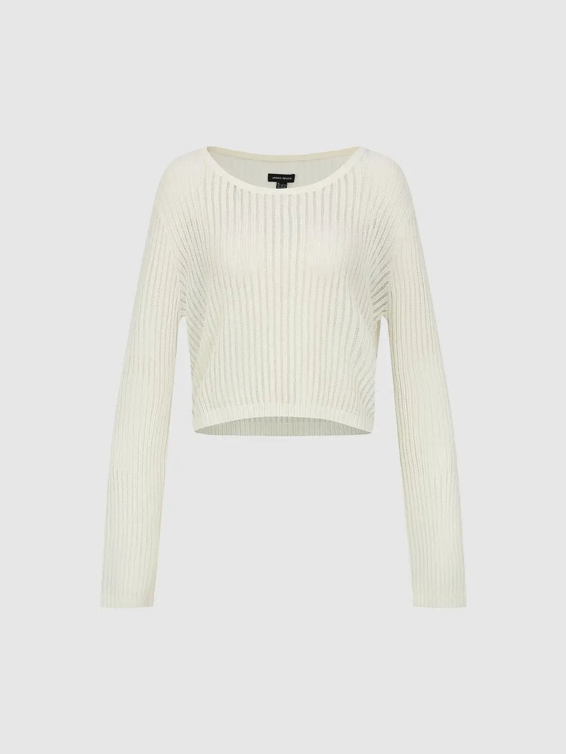 Knit T-Shirt by Urban Revivo Fashion, ivory cropped knit top with vertical ribbing.