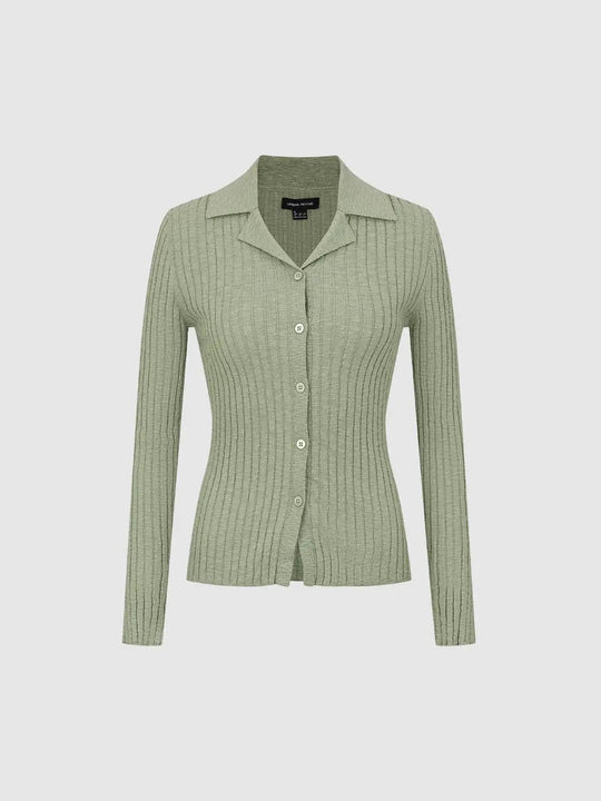 Ribbed Cotton Blend Shirt Collar Cardigan