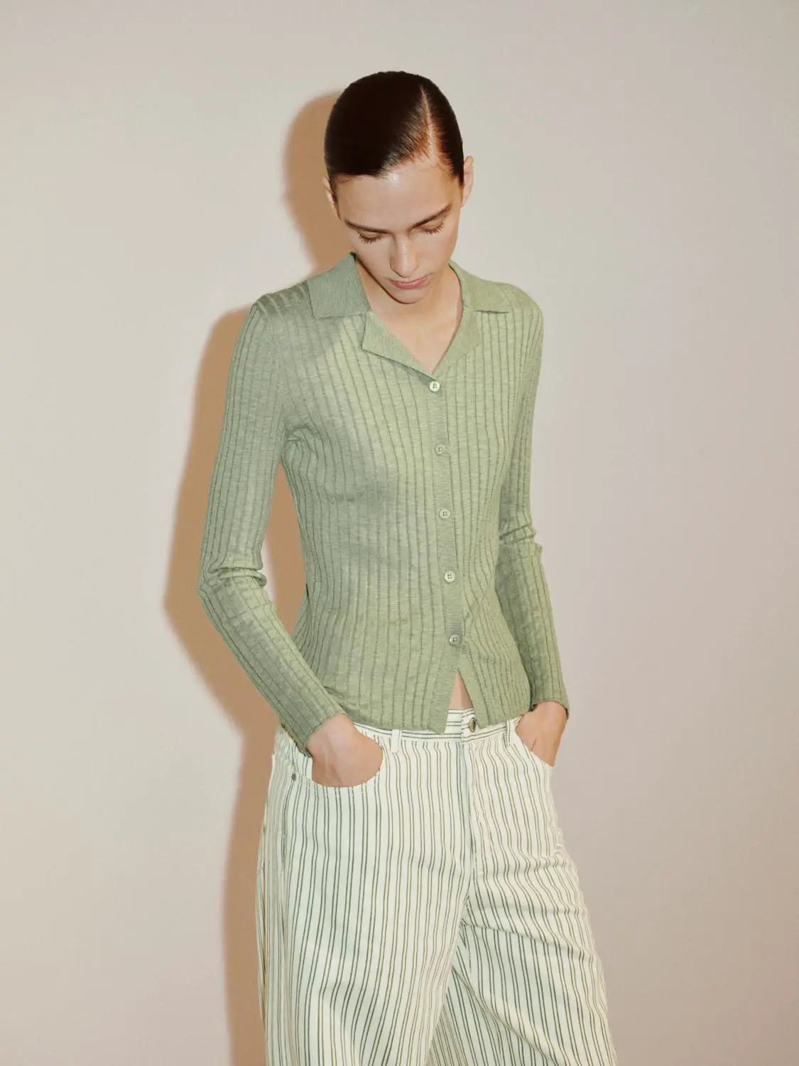 Ribbed Cotton Blend Shirt Collar Cardigan in sage green with button-front knit