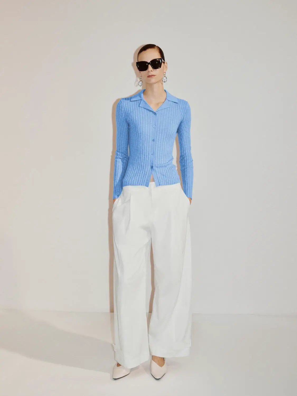 Ribbed cotton-blend shirt-collar cardigan in light blue with front buttons