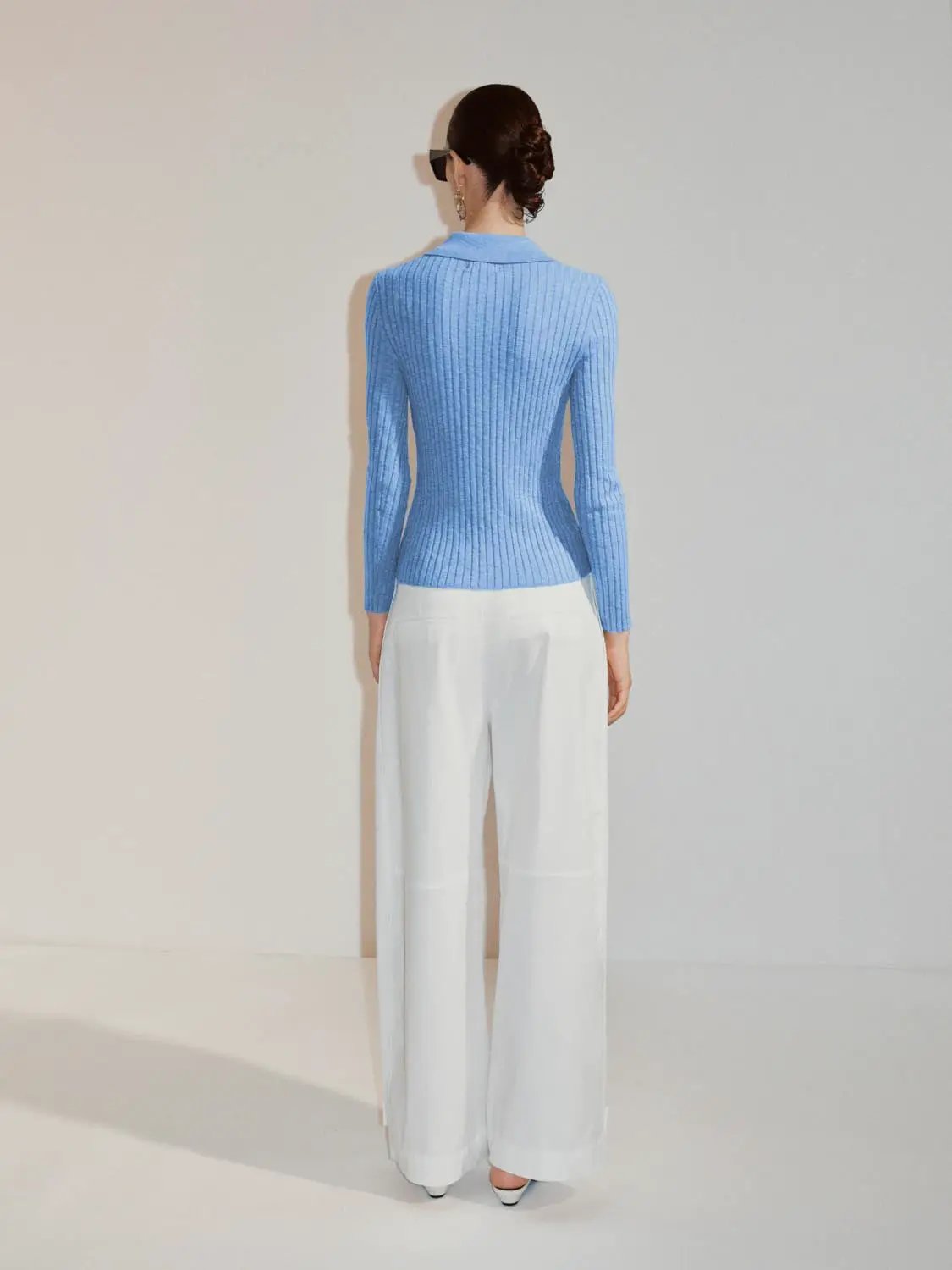 Ribbed cotton-blend shirt-collar cardigan in light blue