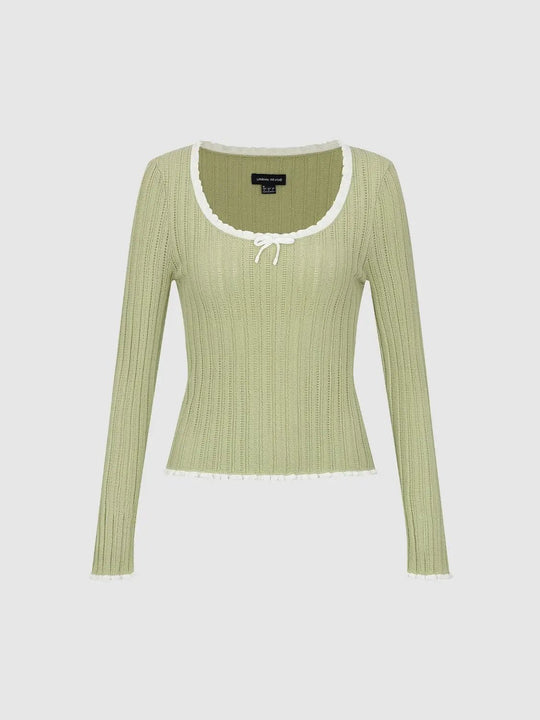 Ribbed Square Neck Bow Raw Hem Long Sleeve Knit T-shirt