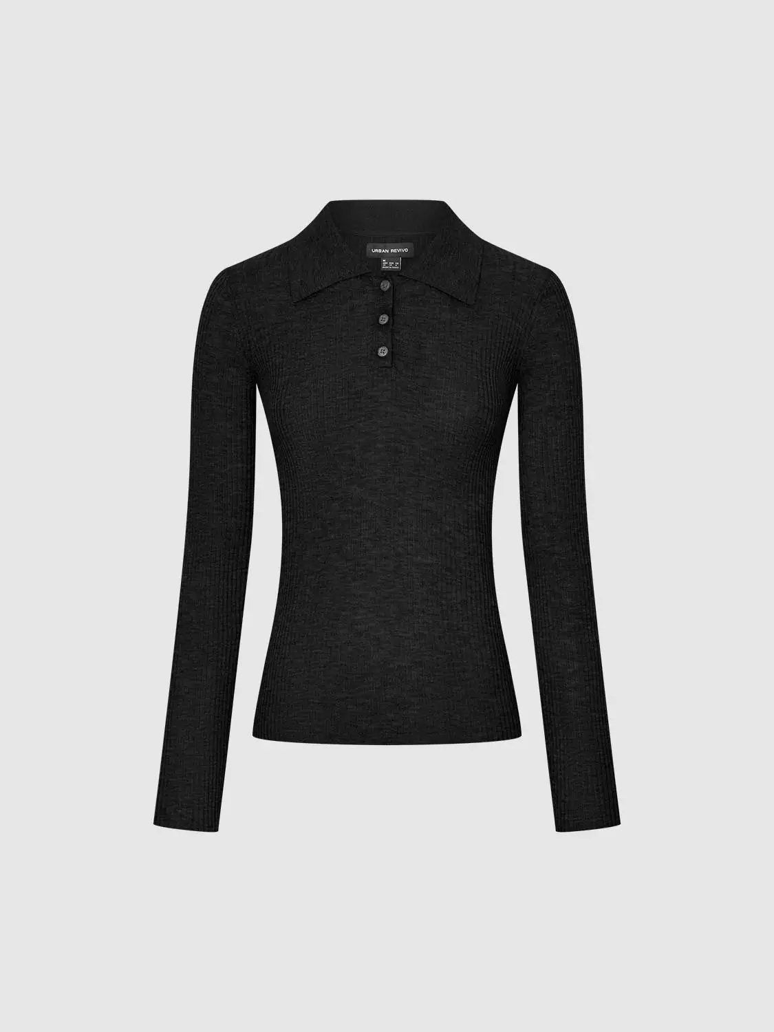 Knit T-Shirt black long-sleeve with polo collar and button placket, Urban Revivo Fashion