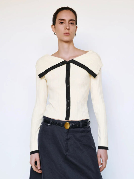 Contrast Trim Button Front Long Sleeve Knit Cardigan