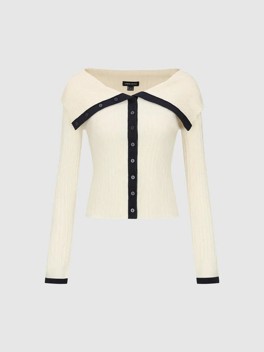 Contrast Trim Button Front Long Sleeve Knit Cardigan