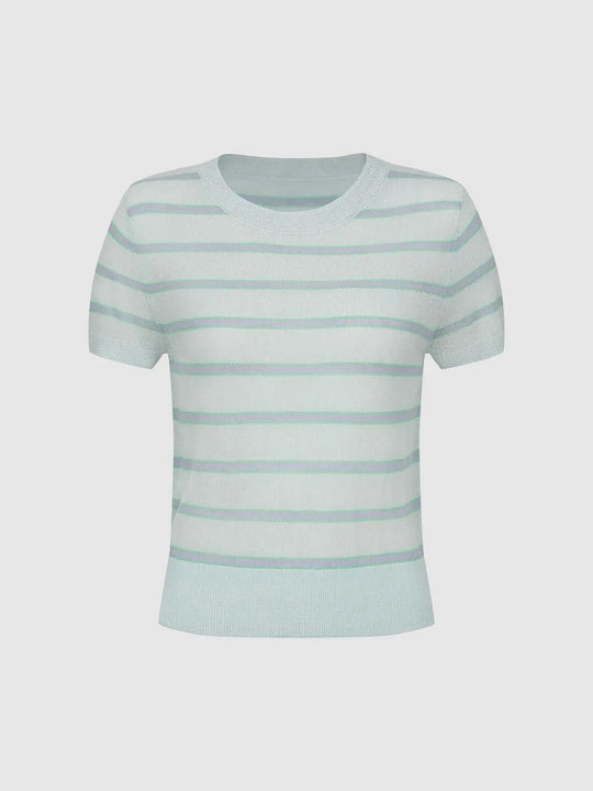 Pastel Striped Knit Thin Stretch T-shirt