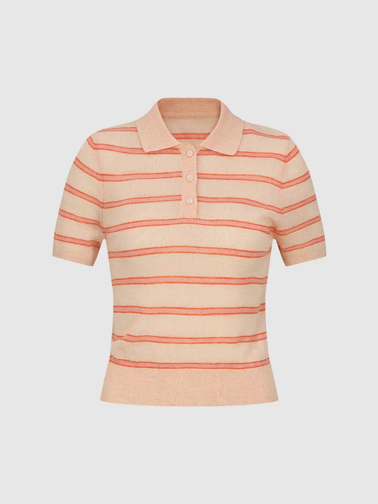 Soft Striped Knit Polo Collar Short Sleeve Shirt