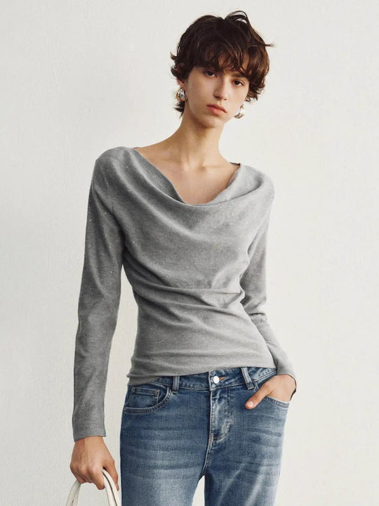 Draped Textured Fitted Long Sleeve Knit T-Shirt