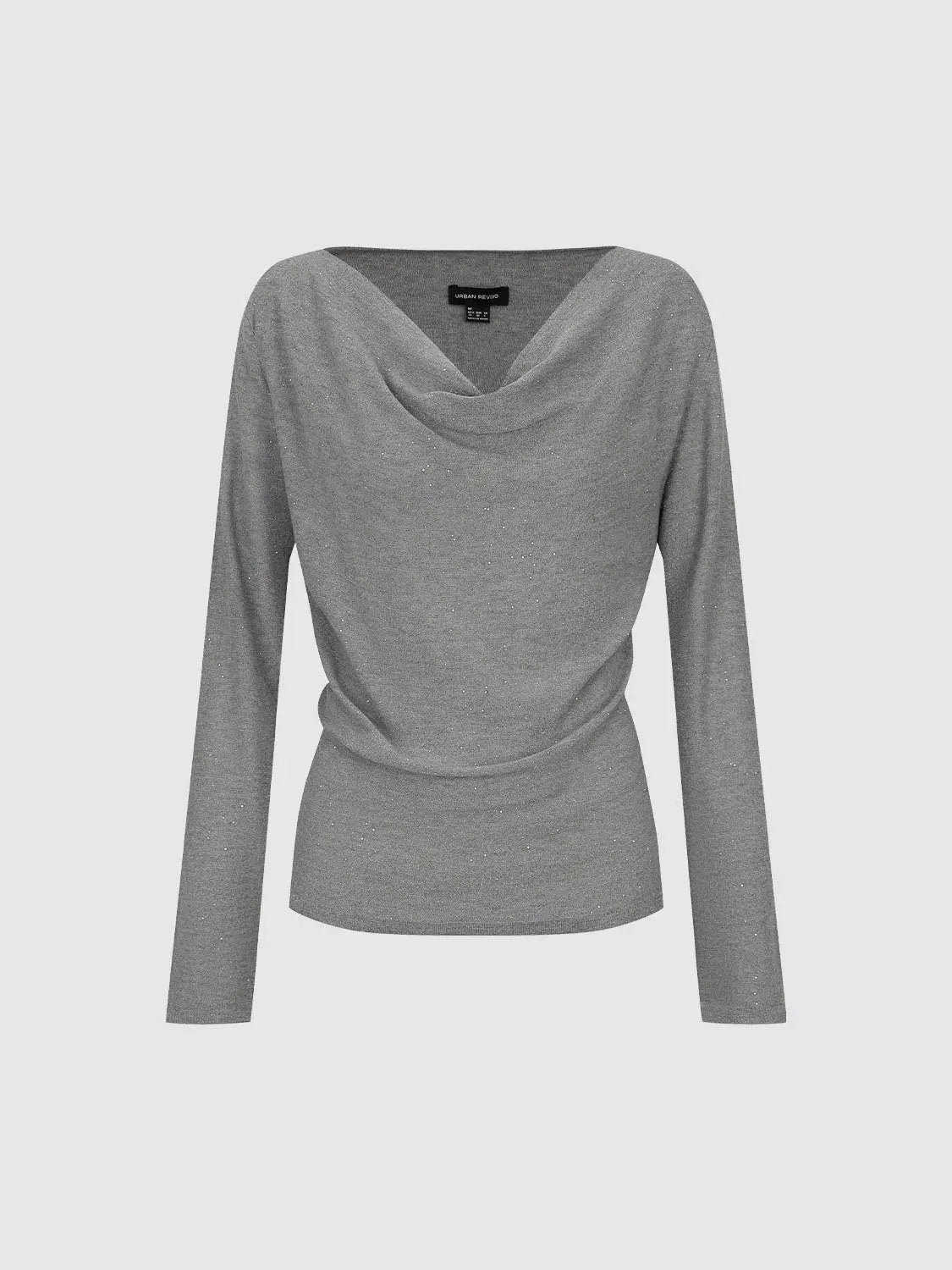 Knit T-Shirt by Urban Revivo Fashion; grey glitter knit with long-sleeve and draped cowl neckline