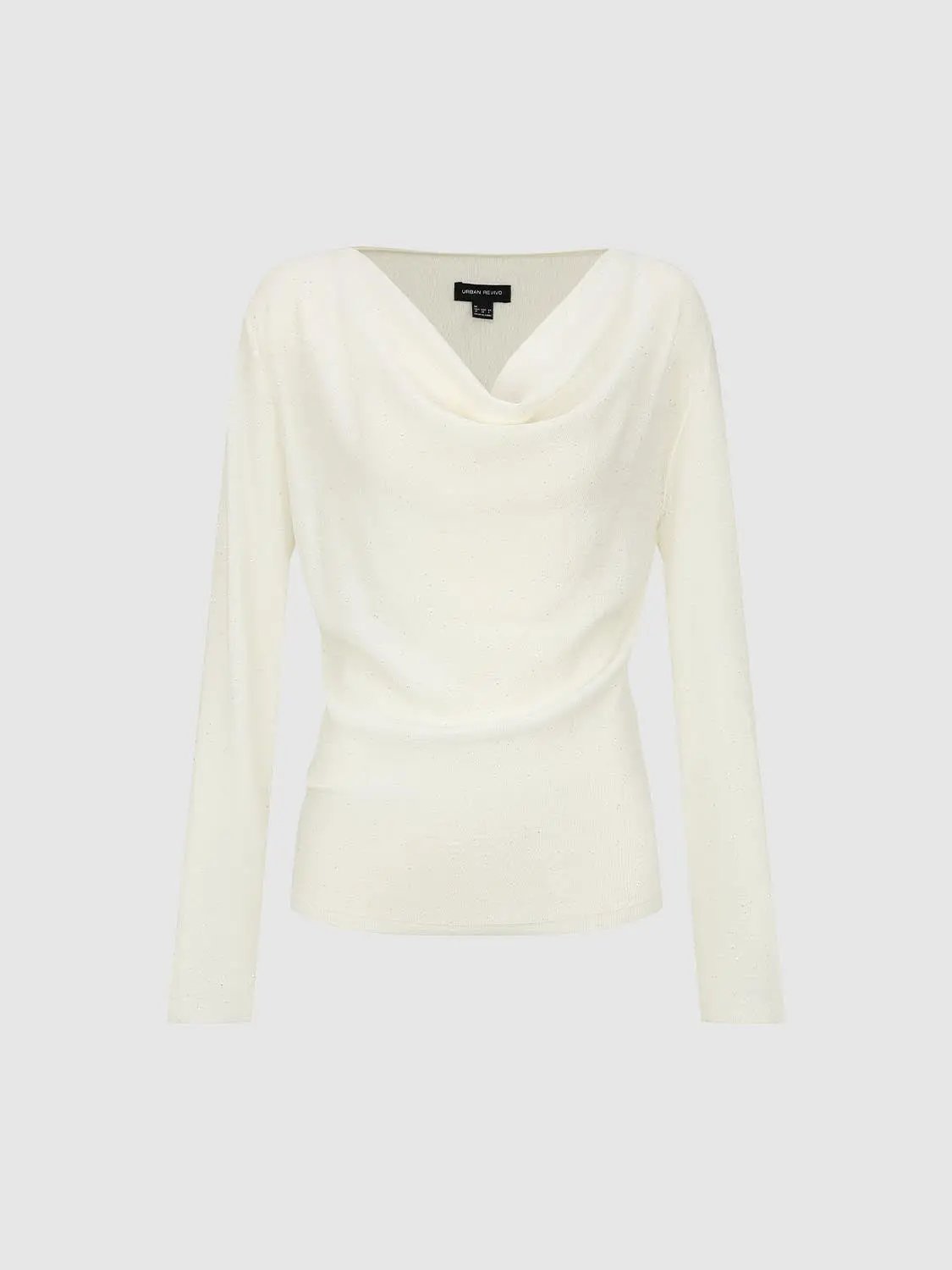 Knit T-Shirt ivory knit with draped neckline, long sleeves, Urban Revivo Fashion