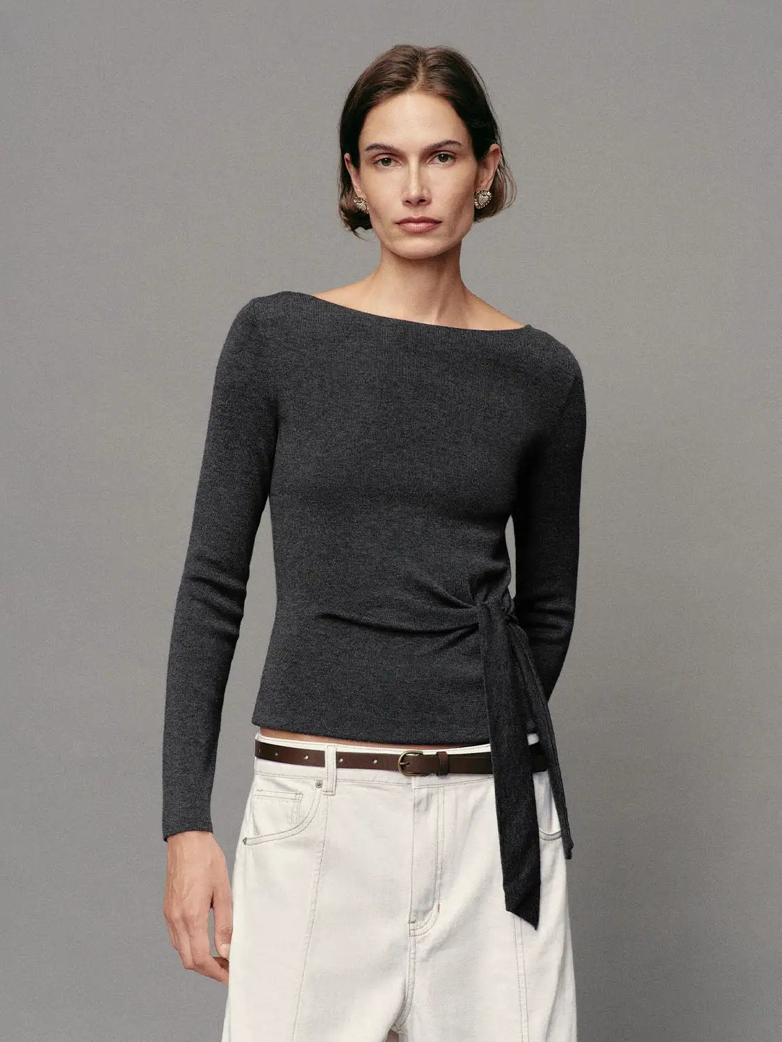 Ribbed long-sleeve boat-neck tie-waist knit top in charcoal gray