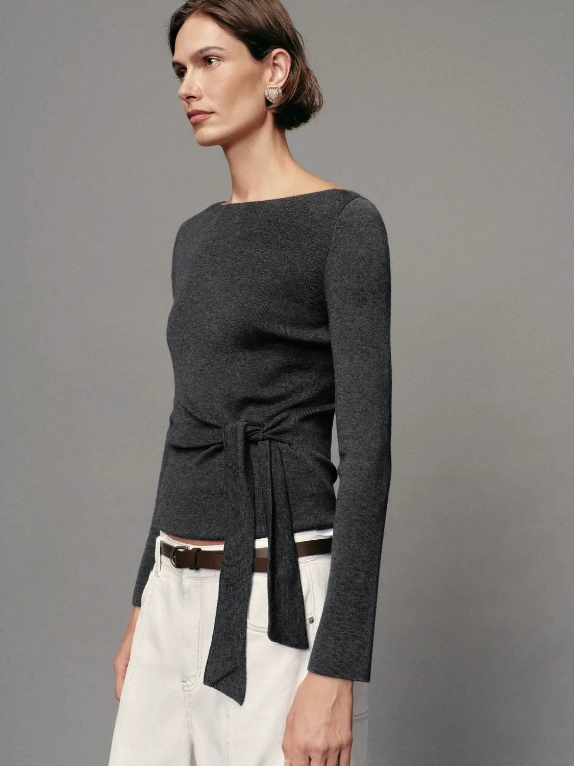 Ribbed long-sleeve boat-neck knit top in dark grey with waist tie