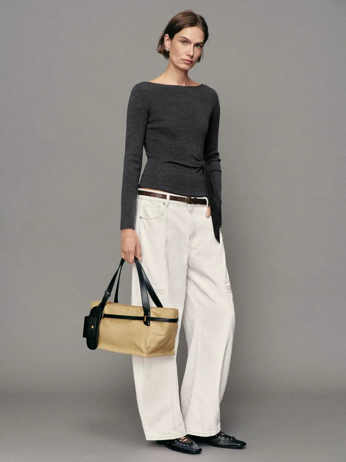 Ribbed long-sleeve boat-neck tie-waist knit top in charcoal gray, Urban Revivo Fashion.
