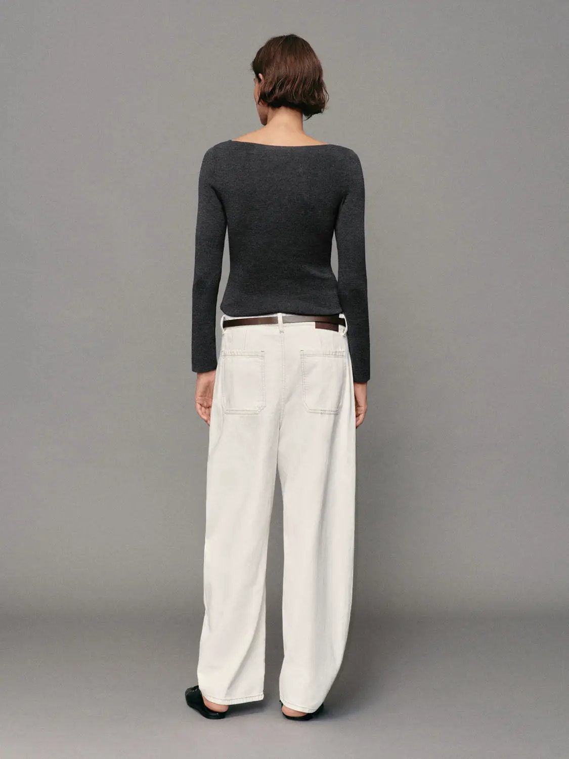 Ribbed Long Sleeve Boat Neck Tie Waist Knit Top in charcoal gray
