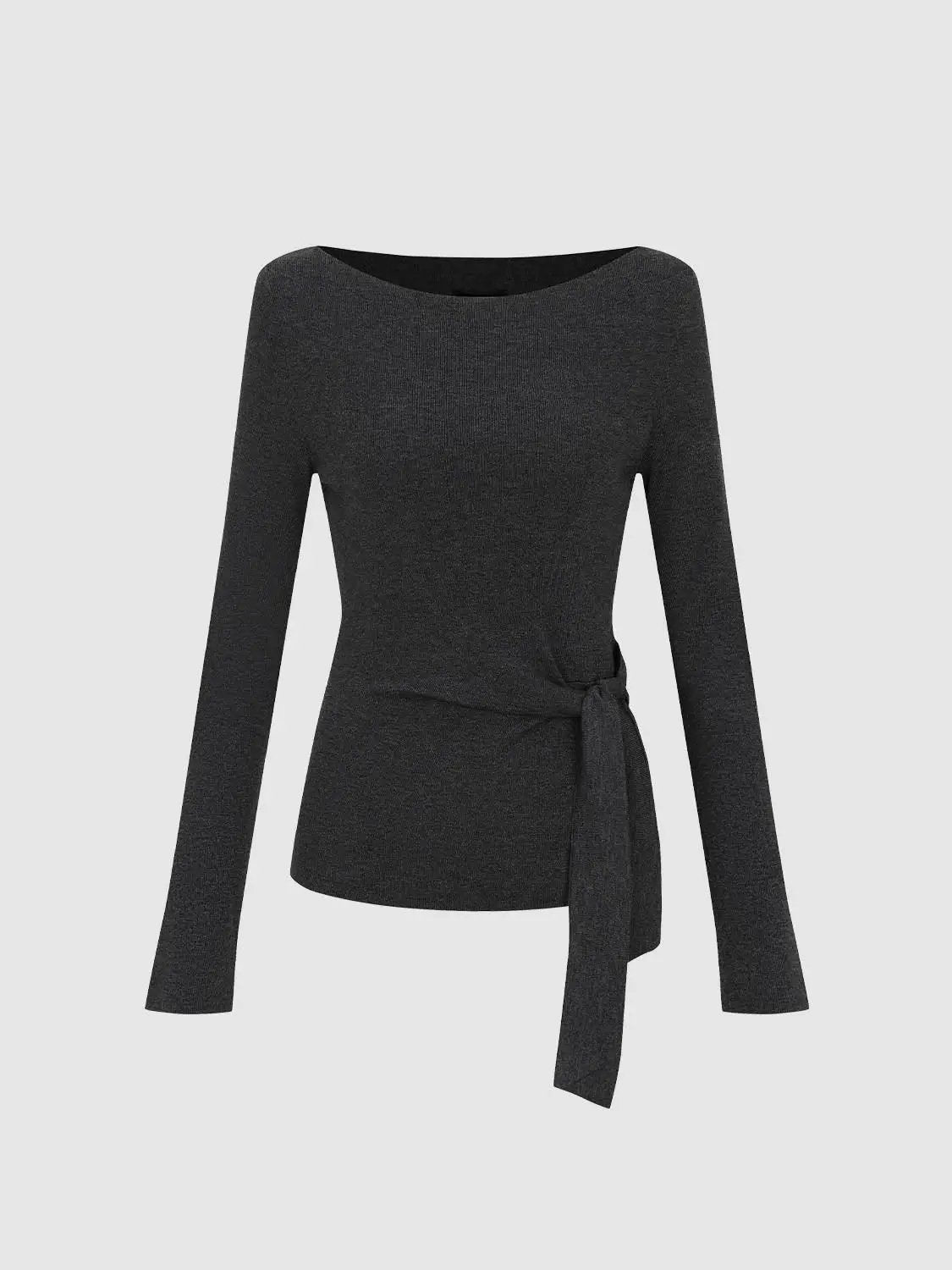Ribbed long sleeve boat neck tie-waist knit top, charcoal grey
