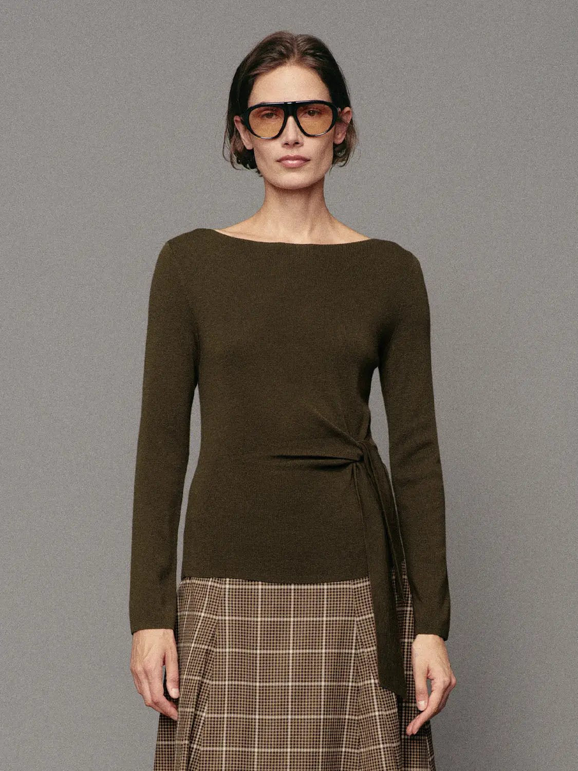 Ribbed Long Sleeve Boat Neck Tie Waist Knit Top in olive green