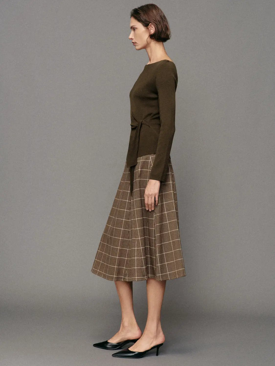 Ribbed Long Sleeve Boat Neck Tie Waist Knit Top, olive brown, Urban Revivo Fashion.