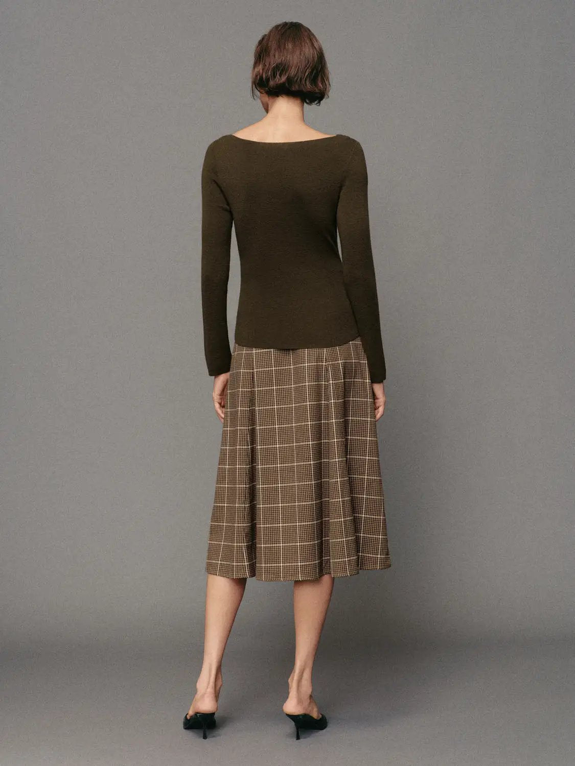 Ribbed long-sleeve boat-neck knit top, olive-brown with tie-waist detail