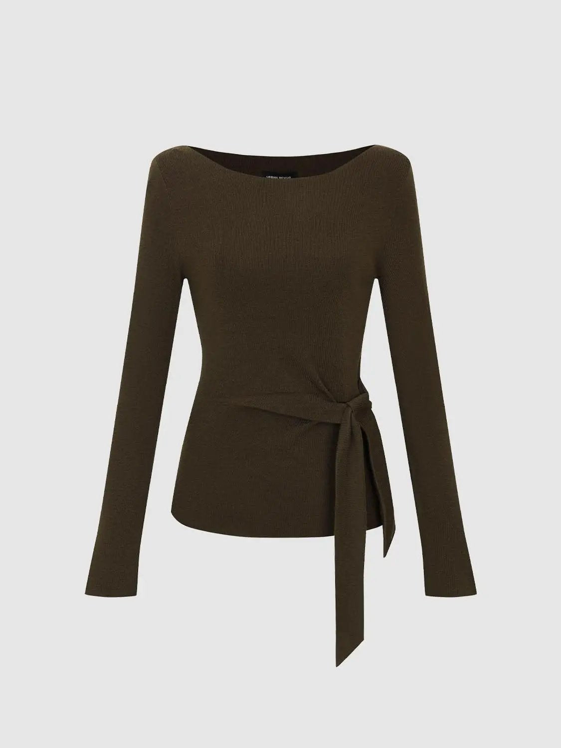 Ribbed long-sleeve boat-neck knit top with waist tie in olive brown