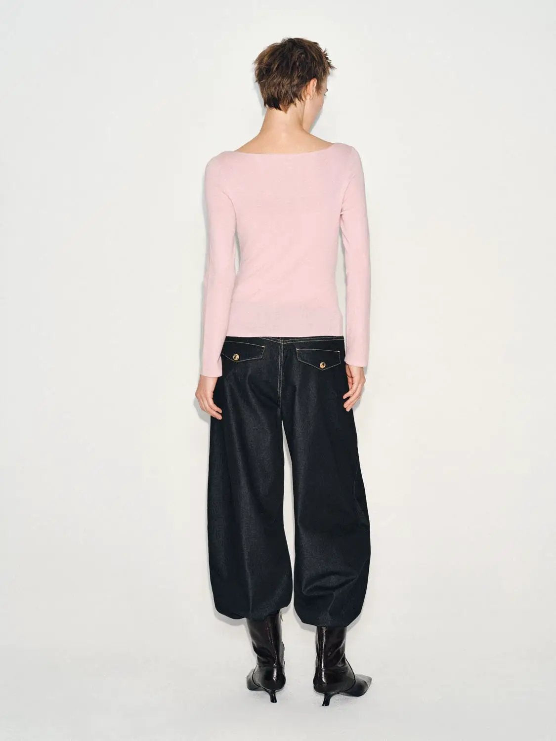 Ribbed Long Sleeve Boat Neck Tie Waist Knit Top in pink, back view.