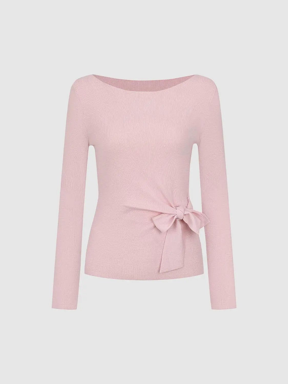 Women's pink ribbed knit top with boat neck and waist-tie bow