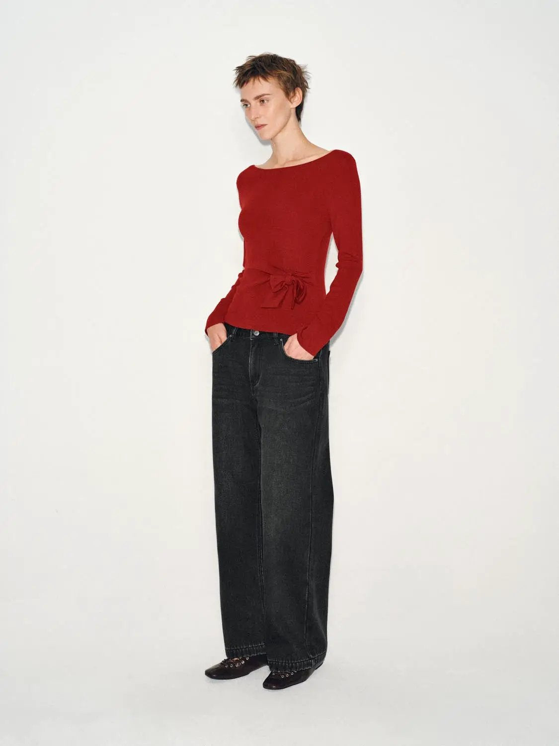 Ribbed long-sleeve boat-neck tie-waist knit top in red, Urban Revivo Fashion, women's, shown with dark denim jeans.