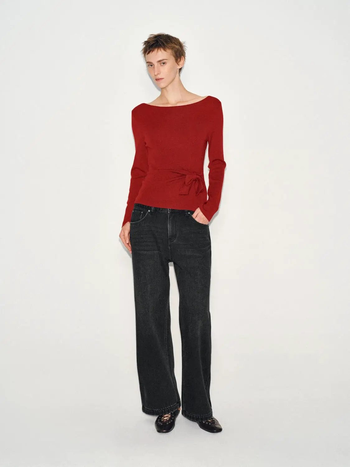 Ribbed long-sleeve boat-neck tie-waist knit top in red, Urban Revivo Fashion