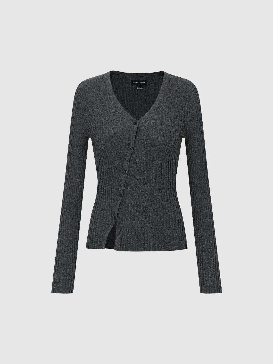 Fitted ribbed knit V-neck cardigan in charcoal gray, Urban Revivo Fashion