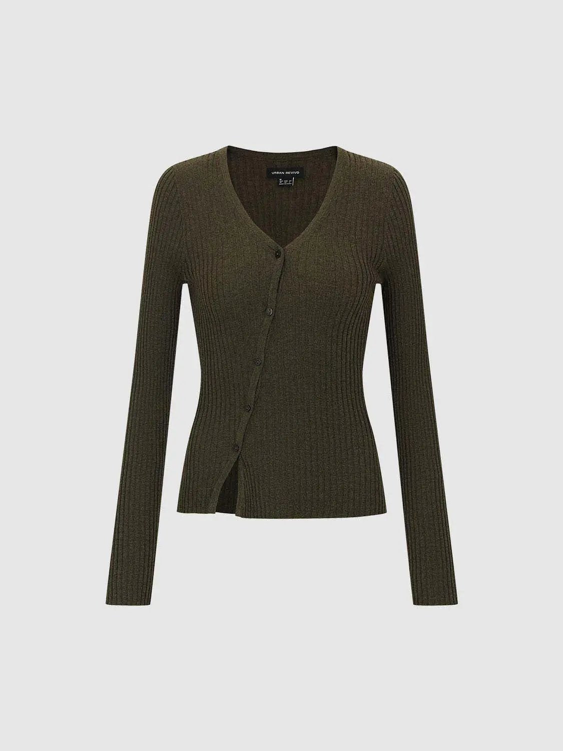 Women's fitted ribbed knit V-neck long-sleeve cardigan in olive green by Urban Revivo Fashion
