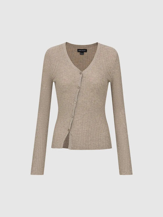 Fitted Ribbed Knit V-neck Long Sleeve Cardigan