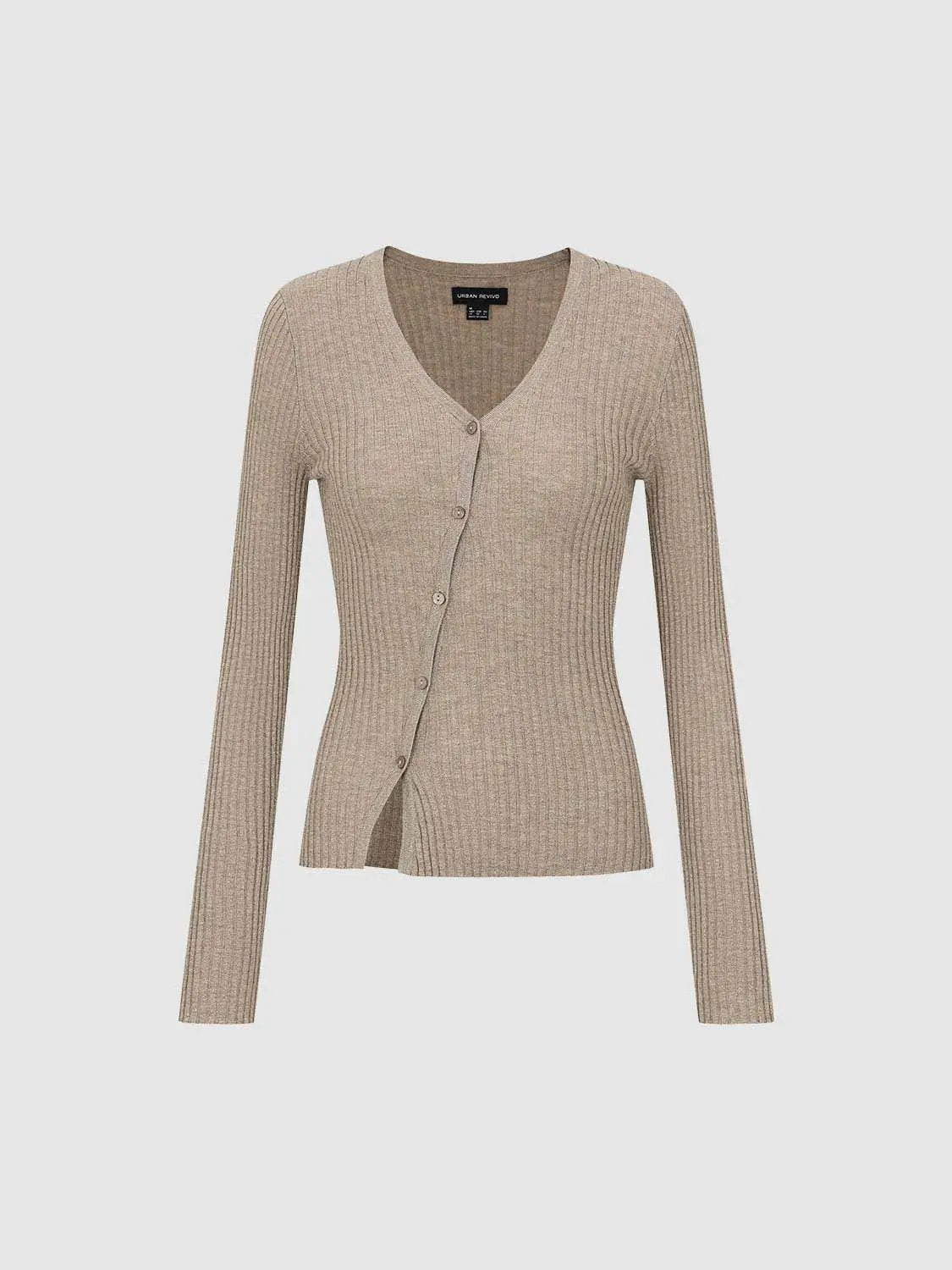Fitted ribbed knit V-neck long-sleeve cardigan in beige with button front by Urban Revivo Fashion