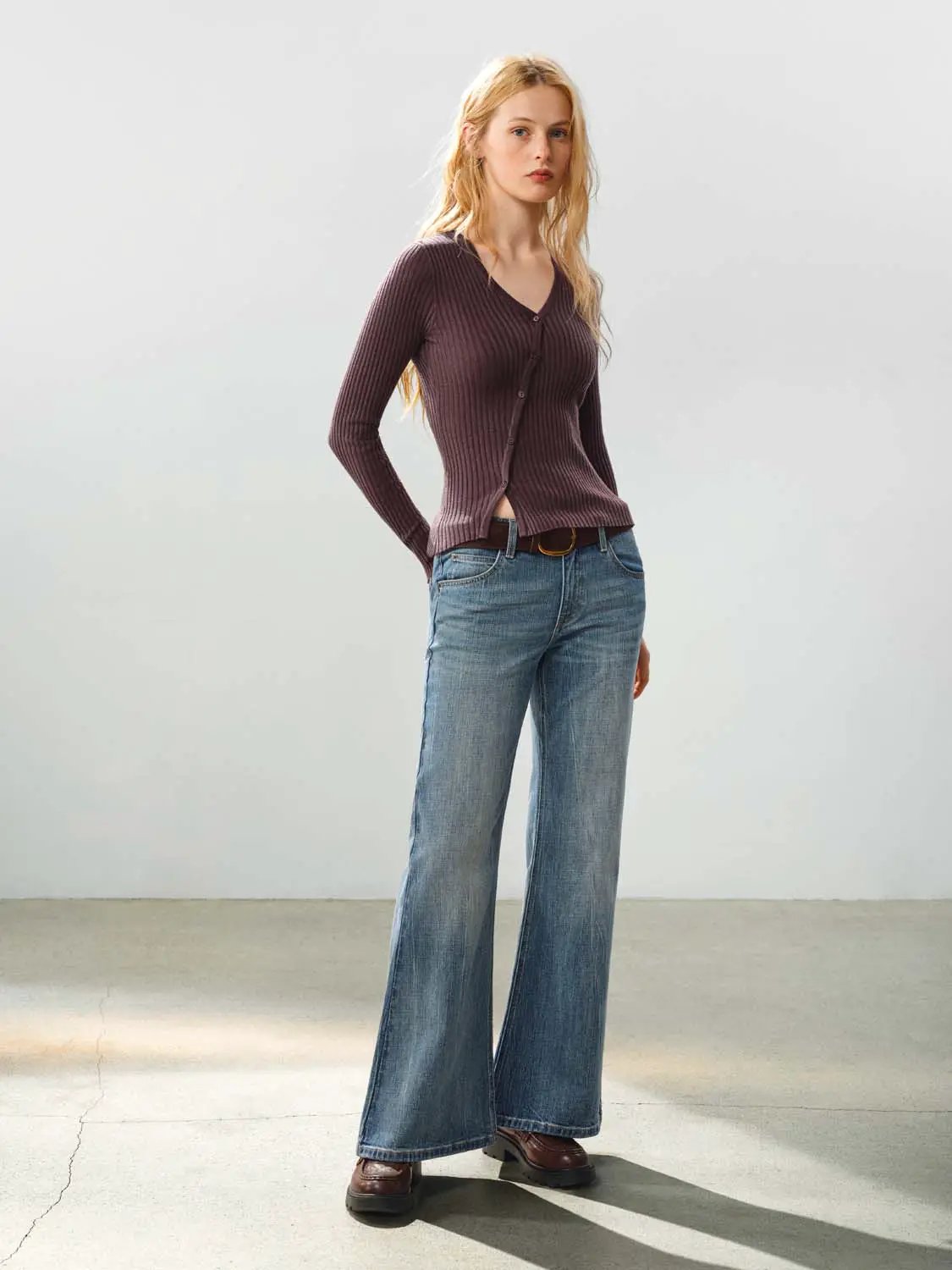 Fitted ribbed knit V-neck cardigan in plum, long sleeves.