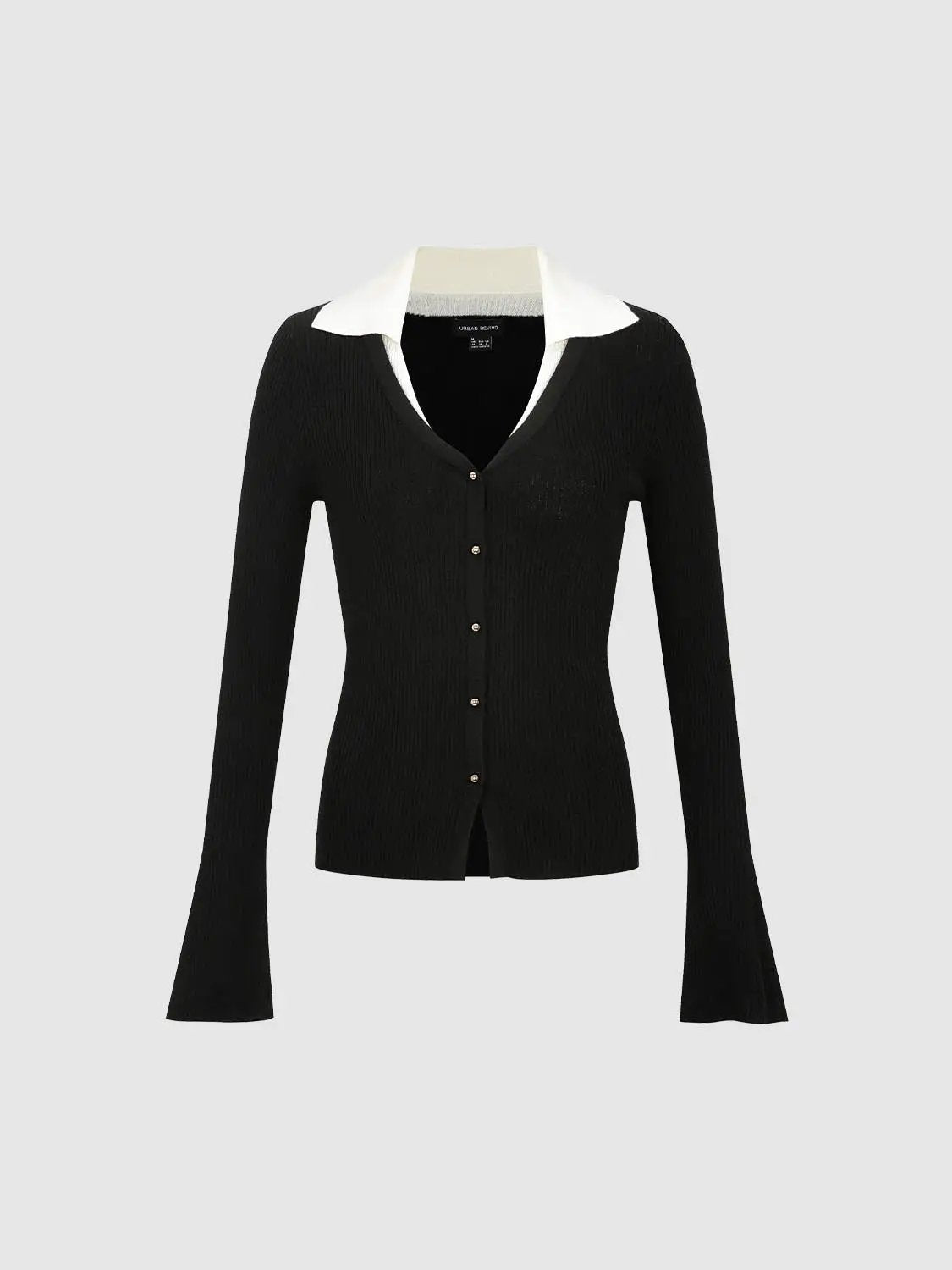 Knitted cardigan in black with white collar, gold-button front, Urban Revivo Fashion.
