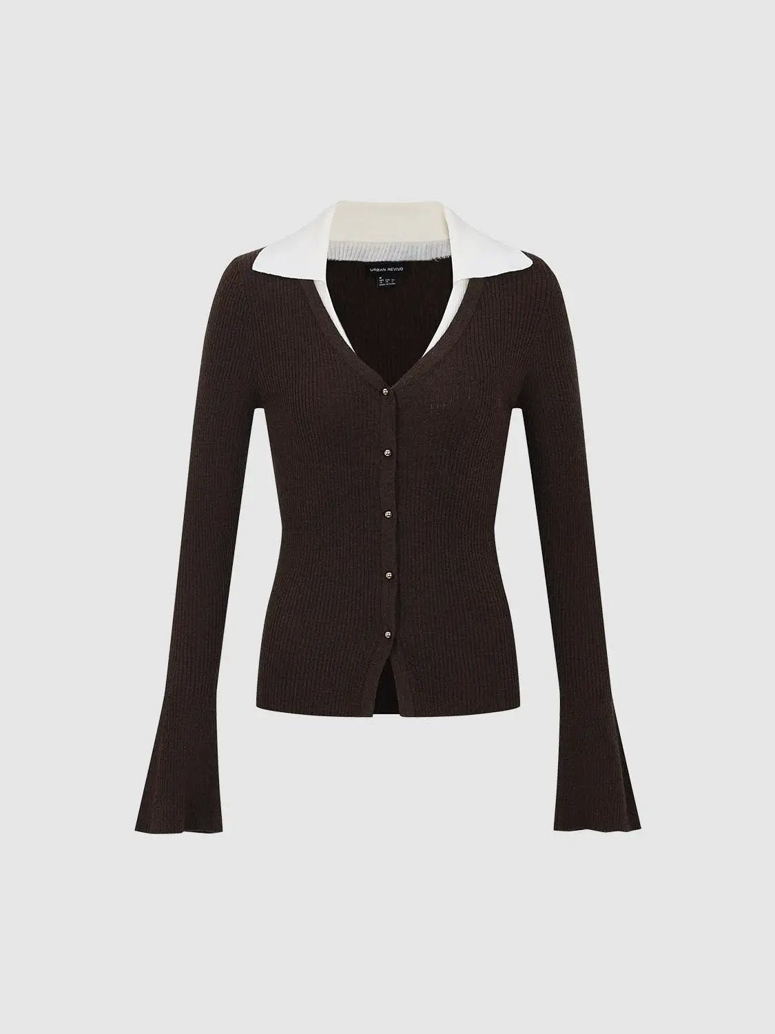Knitted cardigan by Urban Revivo Fashion, dark brown with white collar, button-front, flared cuffs