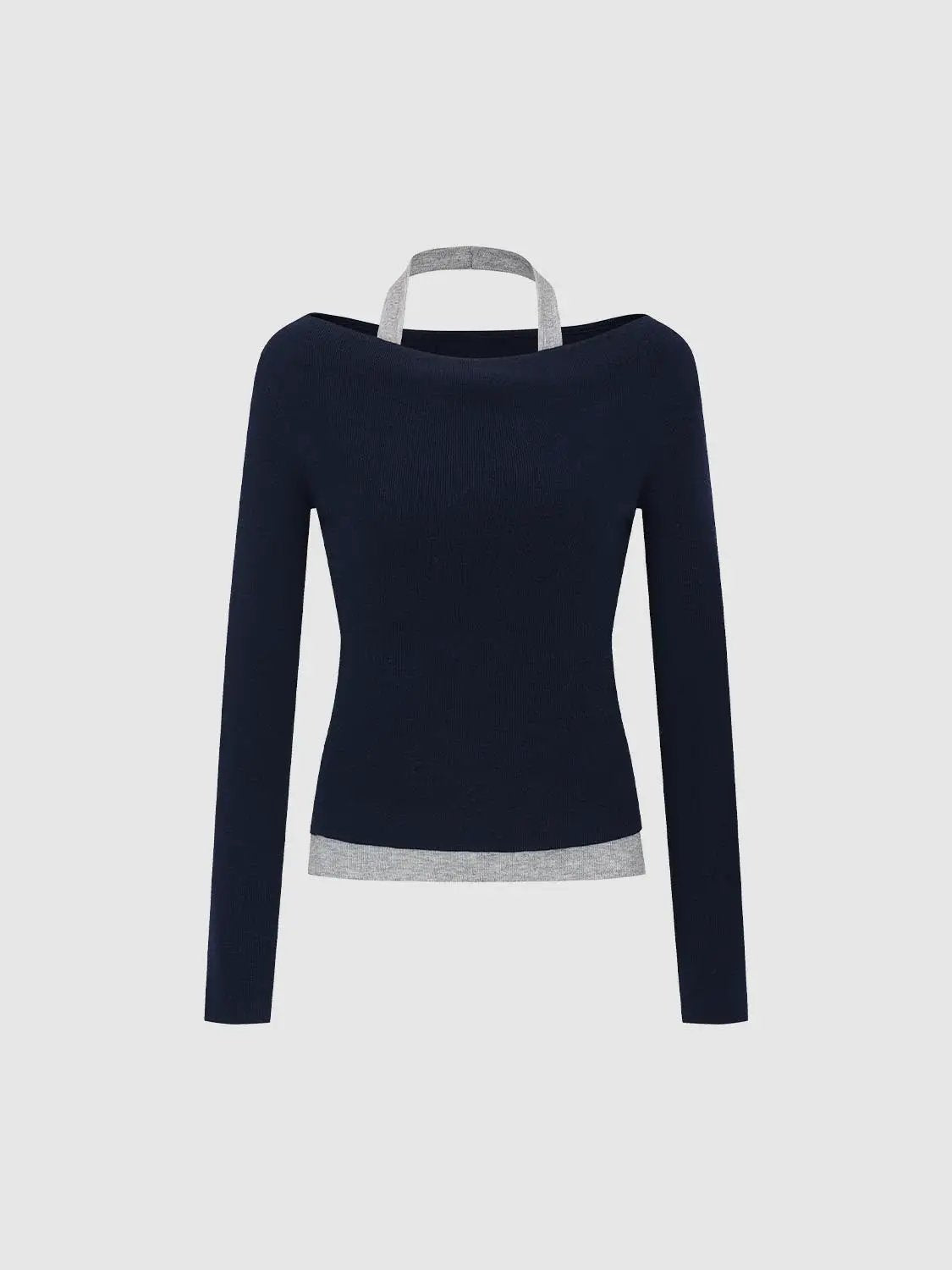 Fitted navy boat-neck long-sleeve knit top with gray contrast hem and neck strap, Urban Revivo Fashion