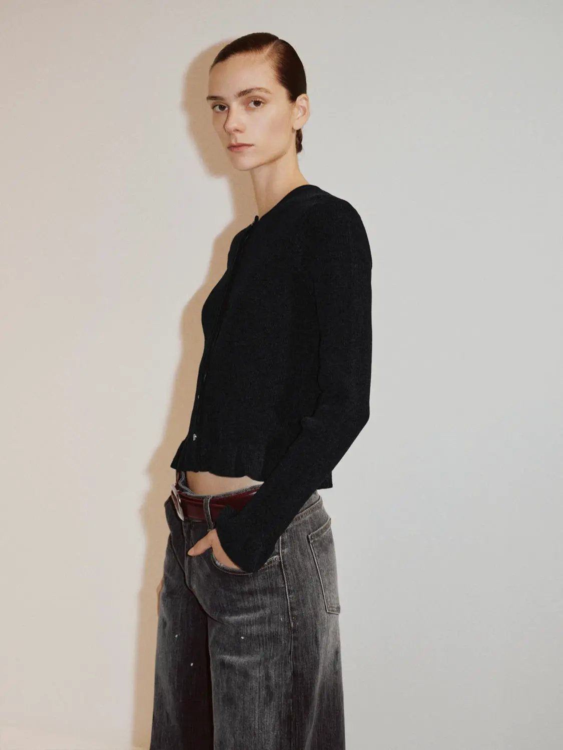 Ribbed Heart Button Crew Neck Long Sleeve Cardigan, black, cropped fit