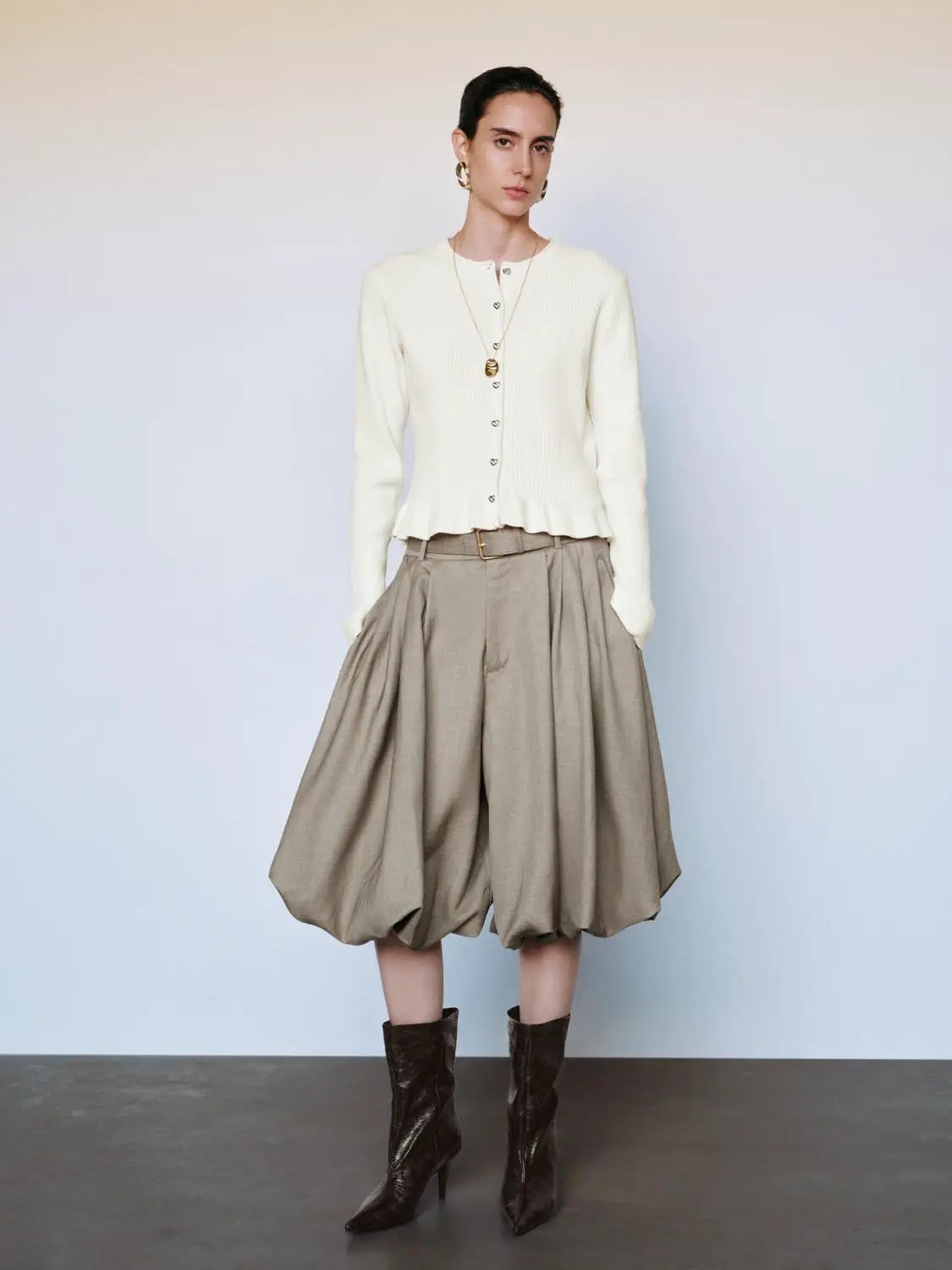 Ribbed heart-button crew-neck long-sleeve cardigan in cream knit
