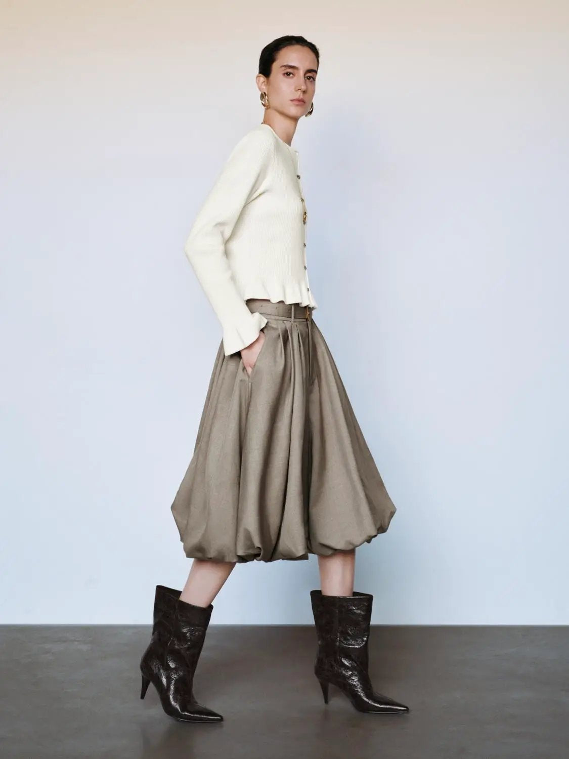 Ribbed heart-button crew-neck long-sleeve cardigan in ivory knit