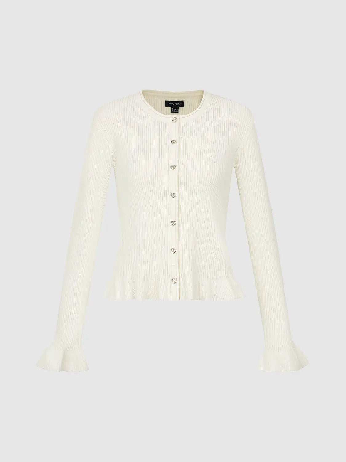 Ribbed Heart Button Crew Neck Long Sleeve Cardigan by Urban Revivo, cream knit with heart-shaped buttons and ruffled cuffs