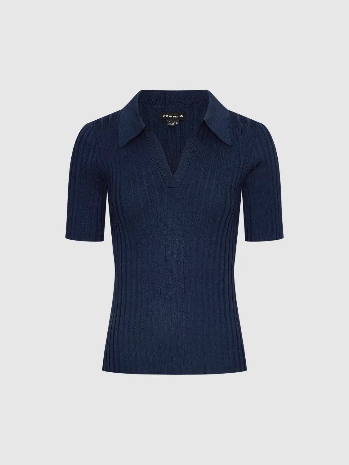 Knitted T-shirt by Urban Revivo in navy with ribbed texture and polo collar