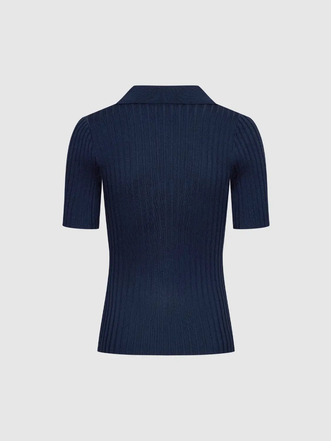 Knitted T-shirt in navy ribbed knit with short sleeves