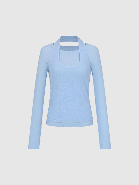 Halter Neck Fitted Long Sleeve Textured Knit T-shirt