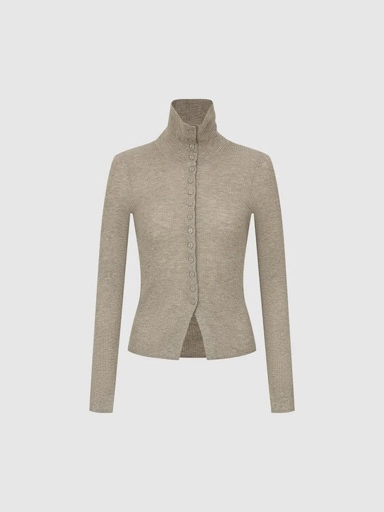Ribbed Slim Mock Neck Long Sleeve Button Front Knit Jacket