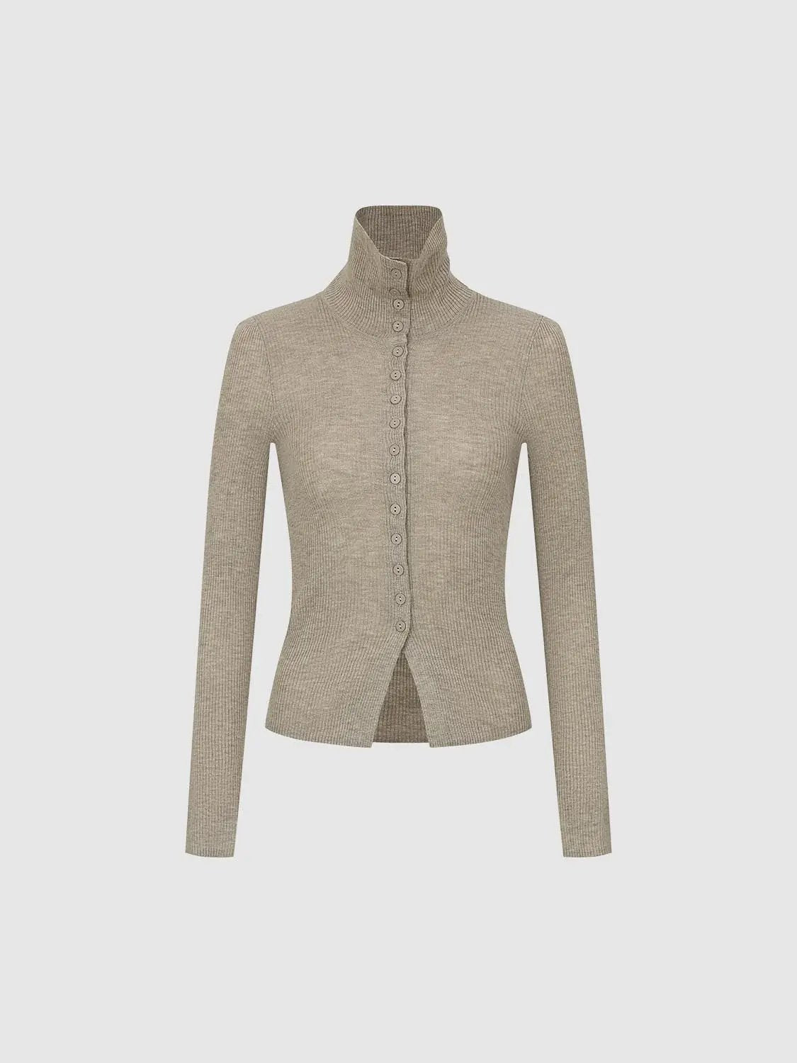 Ribbed slim mock-neck knit jacket with long sleeves and button-front in beige.