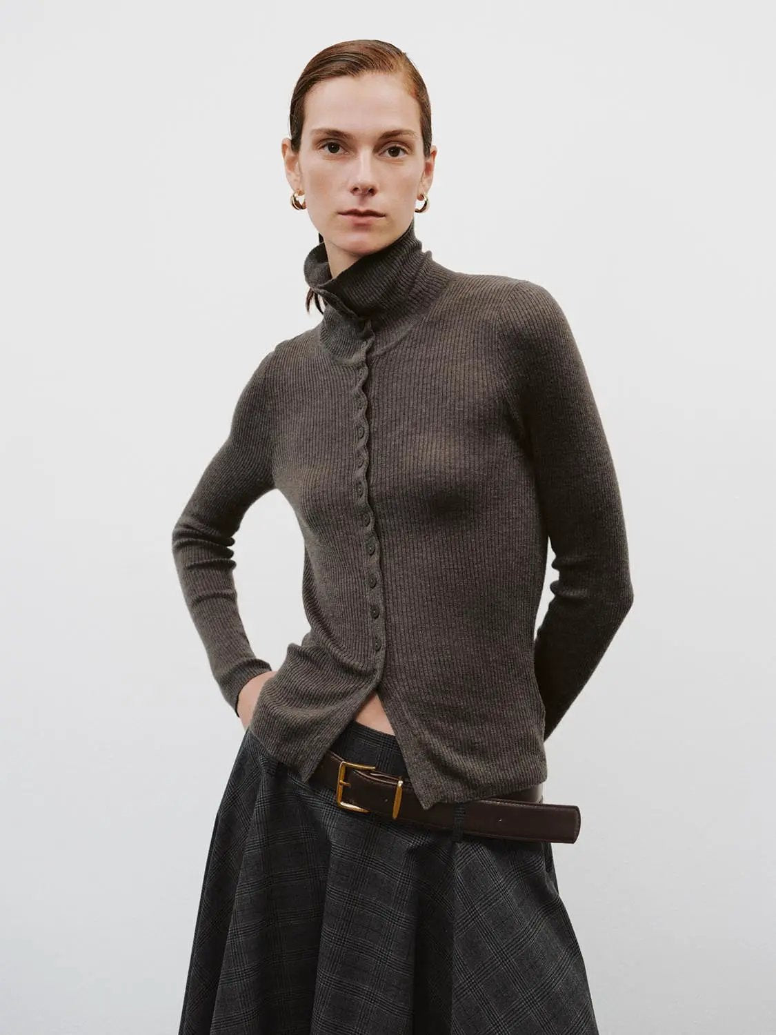 Ribbed knit cardigan, charcoal gray, mock neck with button front by Urban Revivo Fashion