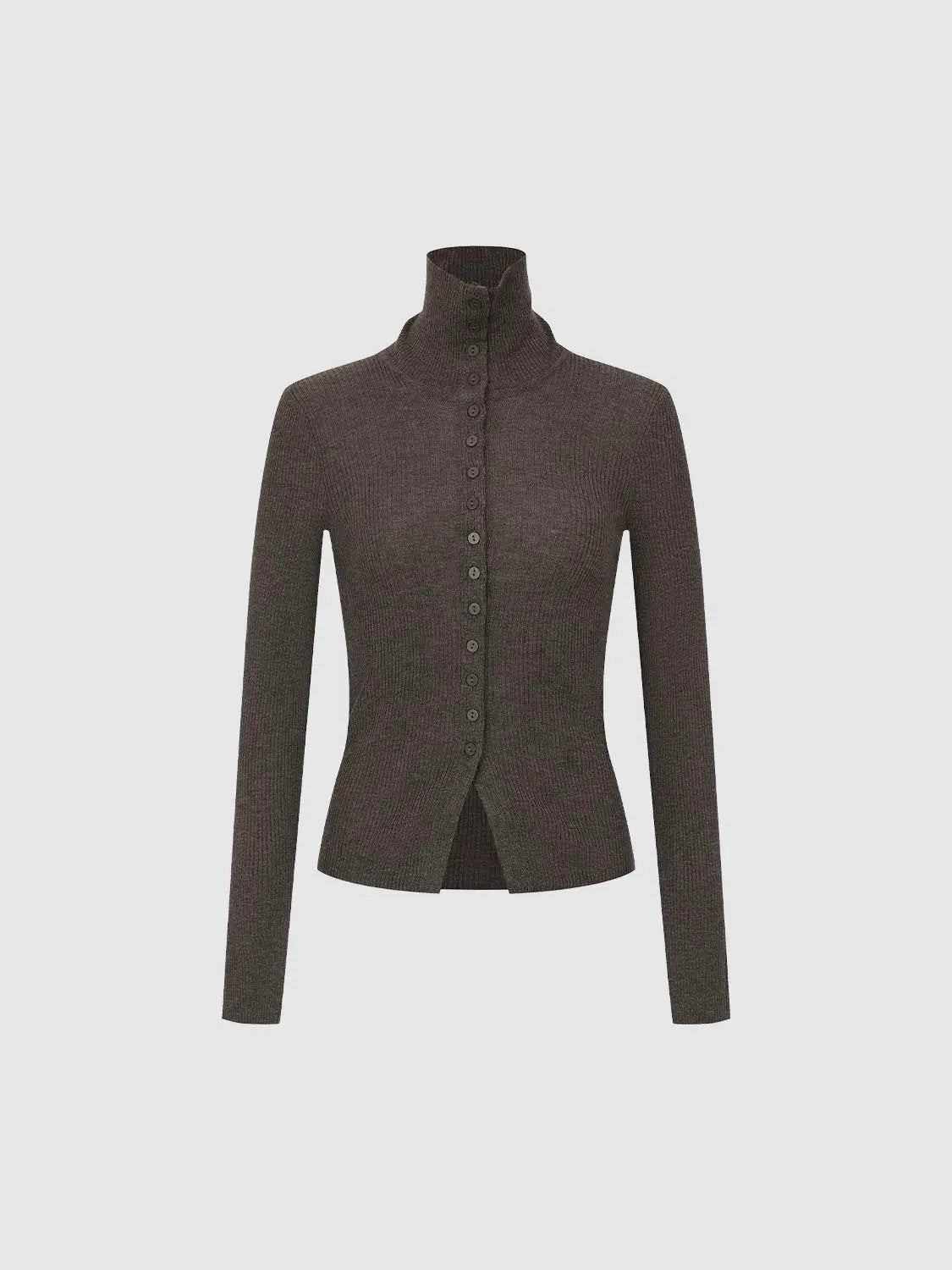 Ribbed slim mock-neck knit jacket with long sleeves, brown, button front; Urban Revivo Fashion