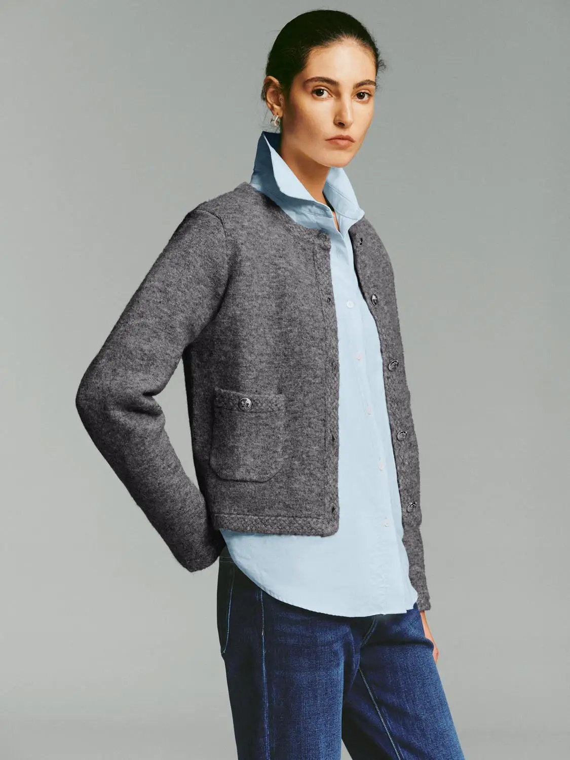 Crew-neck long-sleeve gray knitwear jacket with button-front by Urban Revivo Fashion