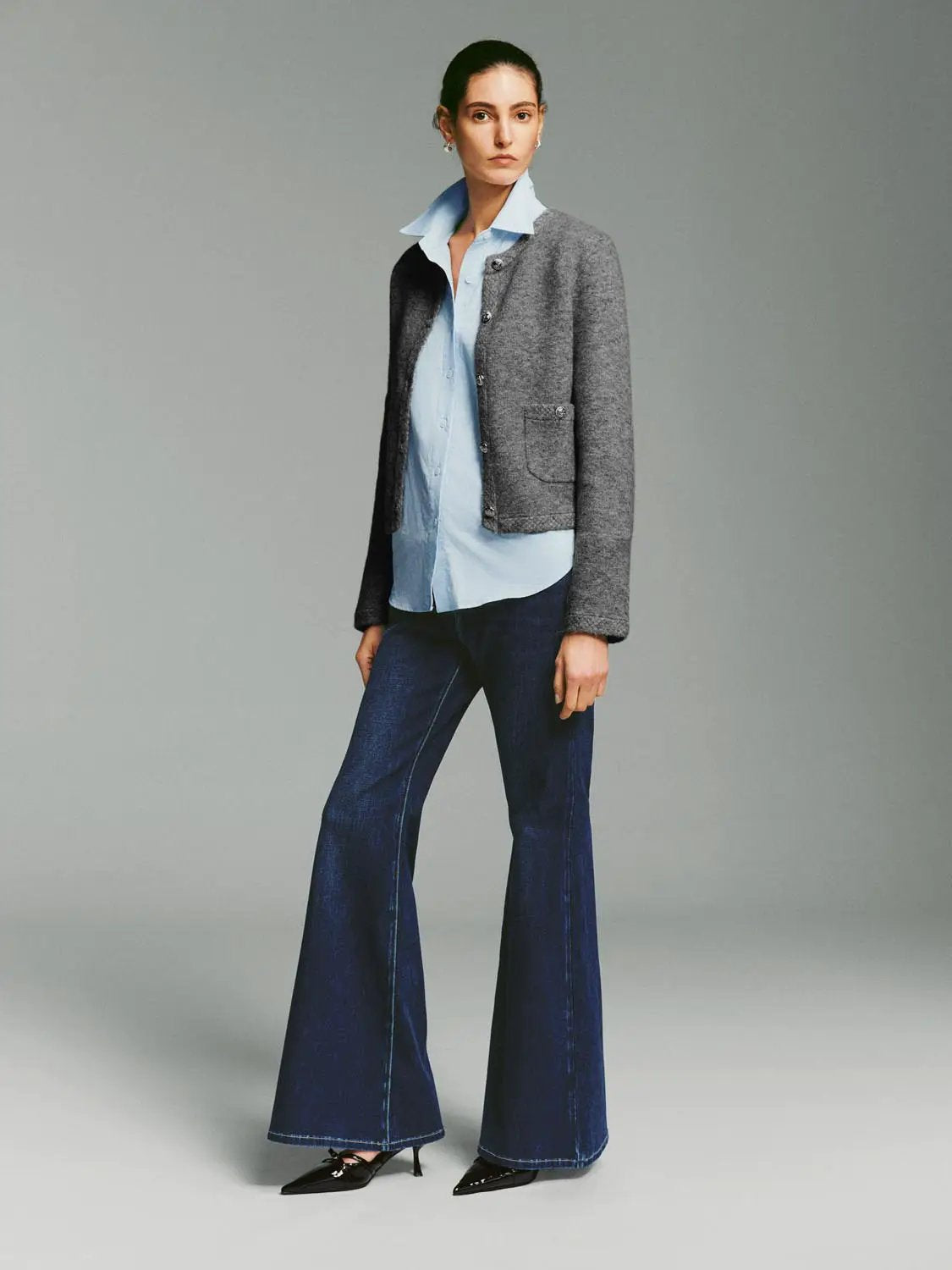 Crew Neck Button Front Long Sleeve Knit Cardigan Jacket by Urban Revivo Fashion in gray